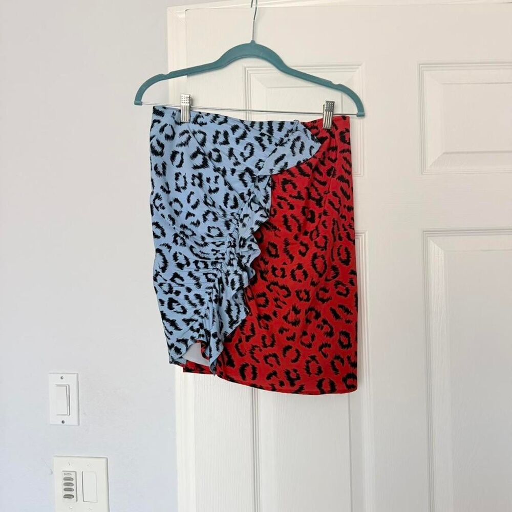 A.L.C. red/blue leopard print 100 silk skirt with ruffle 6/S